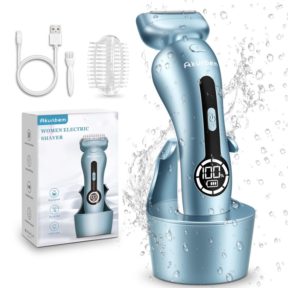 Electric Razors for Women for Legs Bikini Trimmer Electric Shaver for Women Underarm Public Hairs Rechargeable Womens Shaver Wet Dry Use Painless Cordless with Detachable Head (Blue)