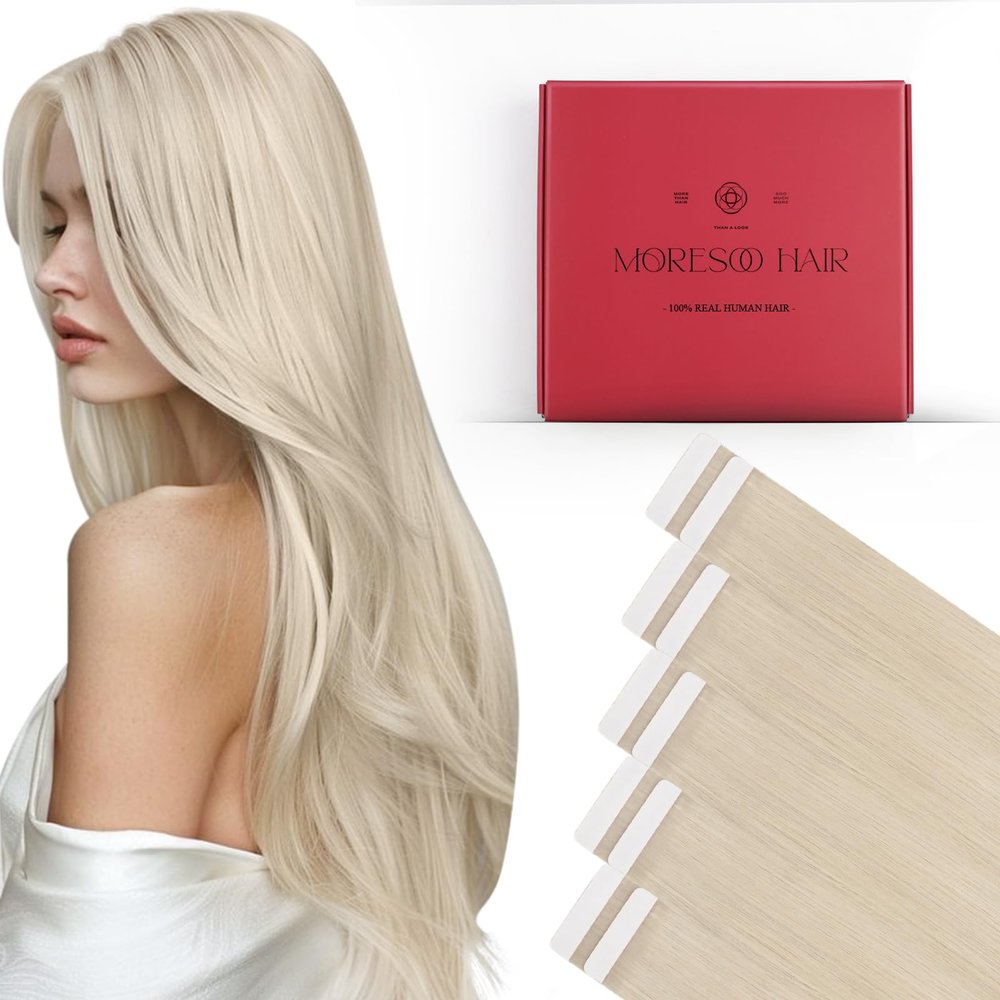 Moresoo Hair Tape in Extensions Remy Hair Invisible Hair Tape in Extensions Real Human Hair Blonde Tape in Extensions(10Pcs/25G+40Pcs/100G)18Inch