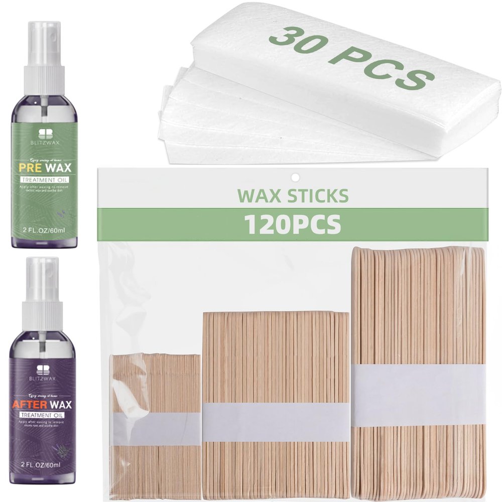 BLITZWAX 120pcs Wooden Waxing Sticks Kit for Hard Wax Hair Removal, Eyebrow Large and Small Applicators for Face, Body, and Lip, with 30 Wax Papers and Oils, Ideal for Womens At-Home Waxing