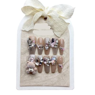 ZIIVIEVS Handmade Armor Wearing Plush Bear Full Diamond Long Detachable False Nails (Size : S), 1 Count (Pack of 1)