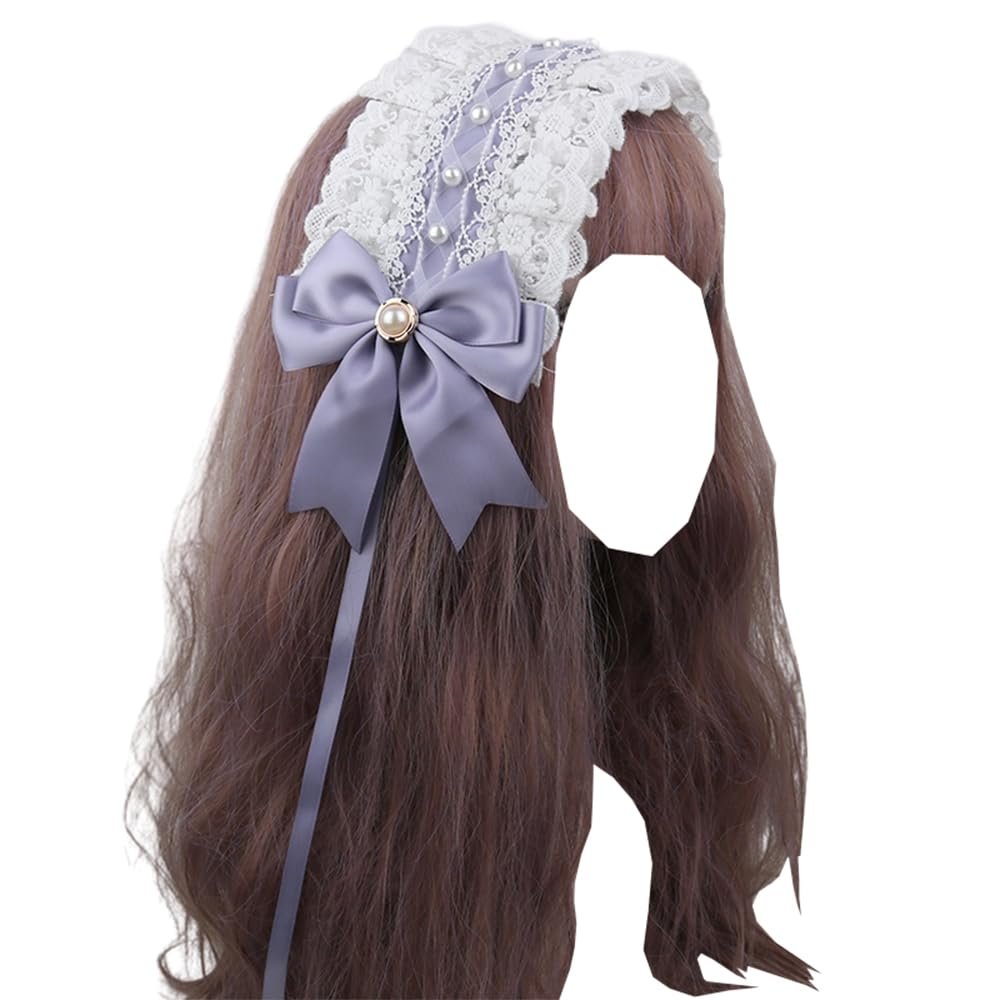 TTYAO REII Lolita Fashion Hair Accessories French Maid Headband Elegant Lace Bow Hairband for Girls Women Party Grayish Purple