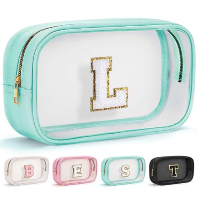 YOOLIFE Initial Make Up Bag Travel Toiletry Bag, Clear Makeup Bag Preppy Cosmetic Bags Organizer Travel Essentials Gifts for Women Teen Girlfriend Teacher Mom Birthday Mothers Day Gifts Blue L
