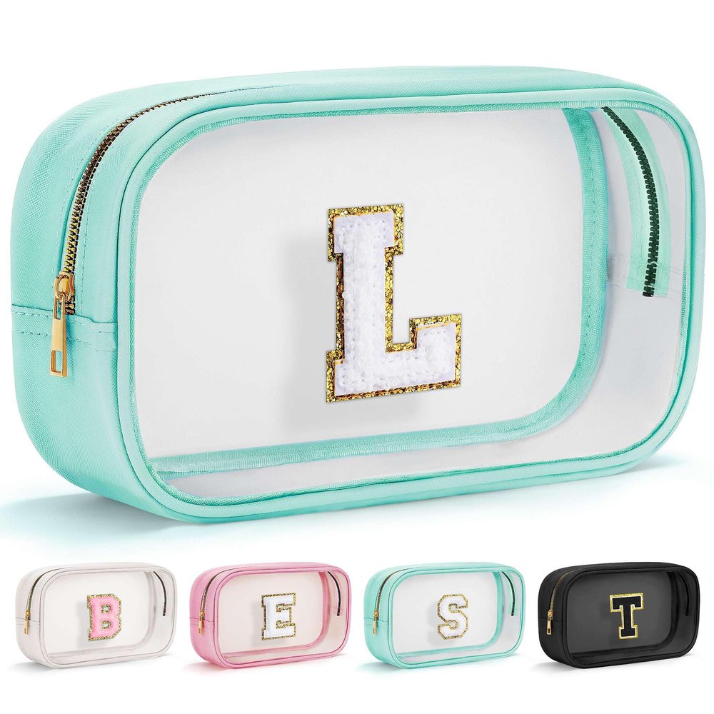 YOOLIFE Initial Make Up Bag Travel Toiletry Bag, Clear Makeup Bag Preppy Cosmetic Bags Organizer Travel Essentials Gifts for Women Teen Girlfriend Teacher Mom Birthday Mothers Day Gifts Blue L