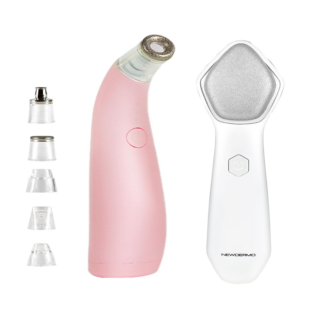 NEWDERMO 2-in-1 Microdermabrasion Machine for Facial, Diamond Microdermabrasion Device USB Rechargeable (Pink) with Microdermabrasion Machine Pro(White)
