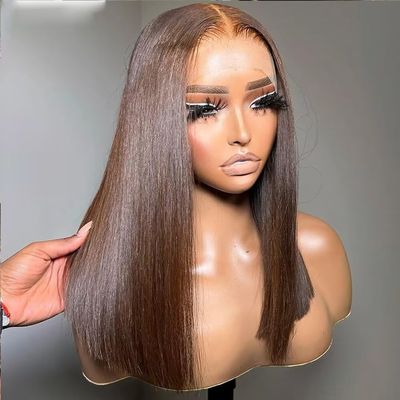 oulaer Chocolate Brown Bob Human Hair Wigs 13x4 Transparent Lace Frontal Human Hair Wigs For Woman Brown Colored Straight Wig Human Hair Pre Plucked Brazilian Remy Hair 150% Density 10Inch