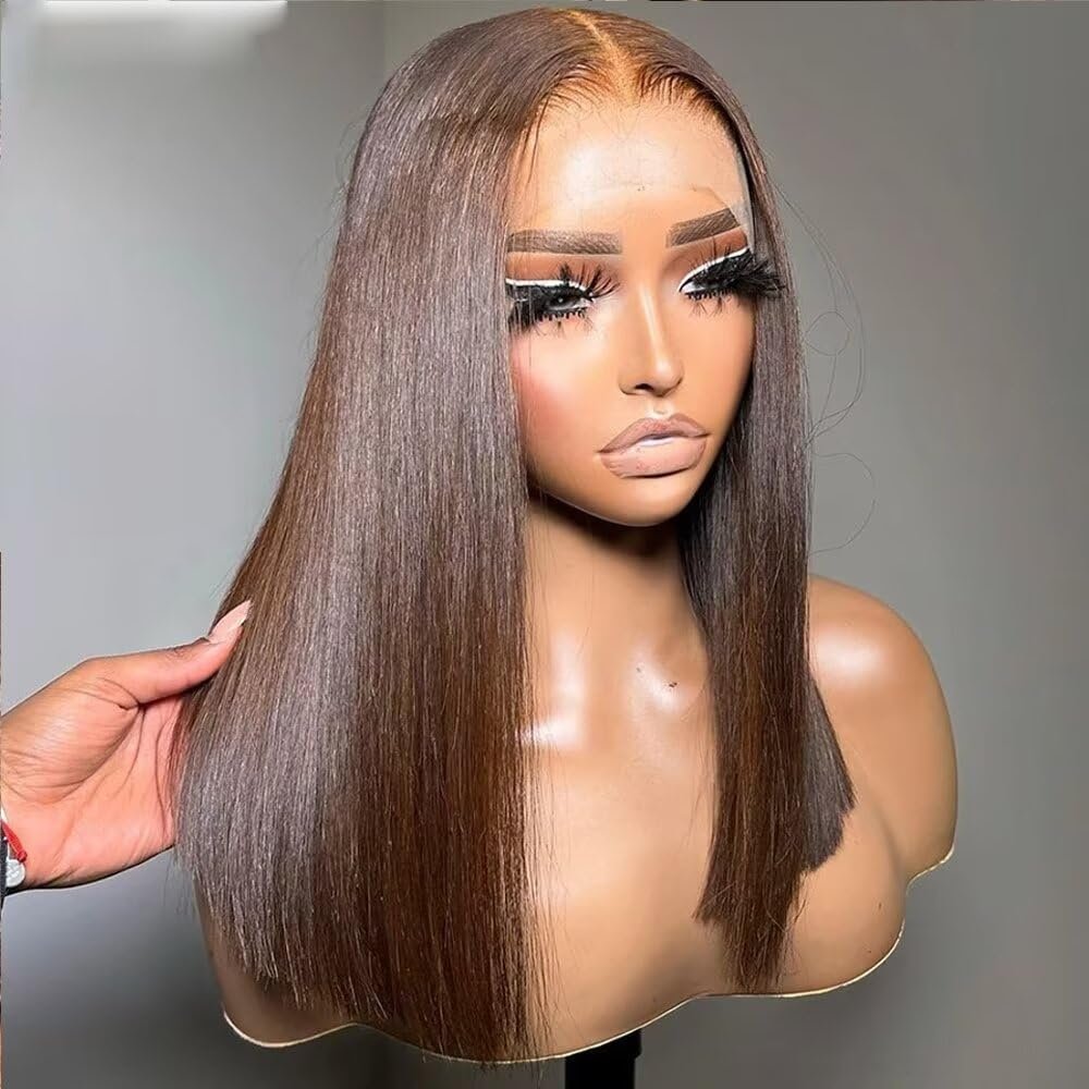 oulaer Chocolate Brown Bob Human Hair Wigs 13x4 Transparent Lace Frontal Human Hair Wigs For Woman Brown Colored Straight Wig Human Hair Pre Plucked Brazilian Remy Hair 150% Density 10Inch