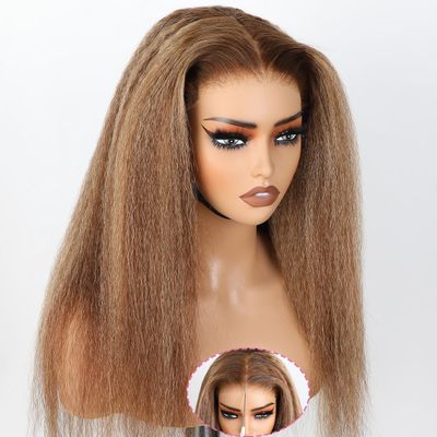 Ombre #4/27 Highlight Kinky 13X4 HD Transparent Lace Front Wig With Baby Hair Straight Wig Yaki Glueless Human Hair Pre Plucked with Bleached Knots 150 Density For Black Woman Natural Looking 16 Inch
