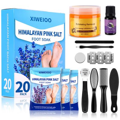 XIWEIOO Foot Soak salt kit with Tea Tree Oil - Moisturize, Reduce Foot Odor, & Soothe Aching Feet tool set Foot cream spa bath massager Epsom Salt foot pedicure kit at home spa