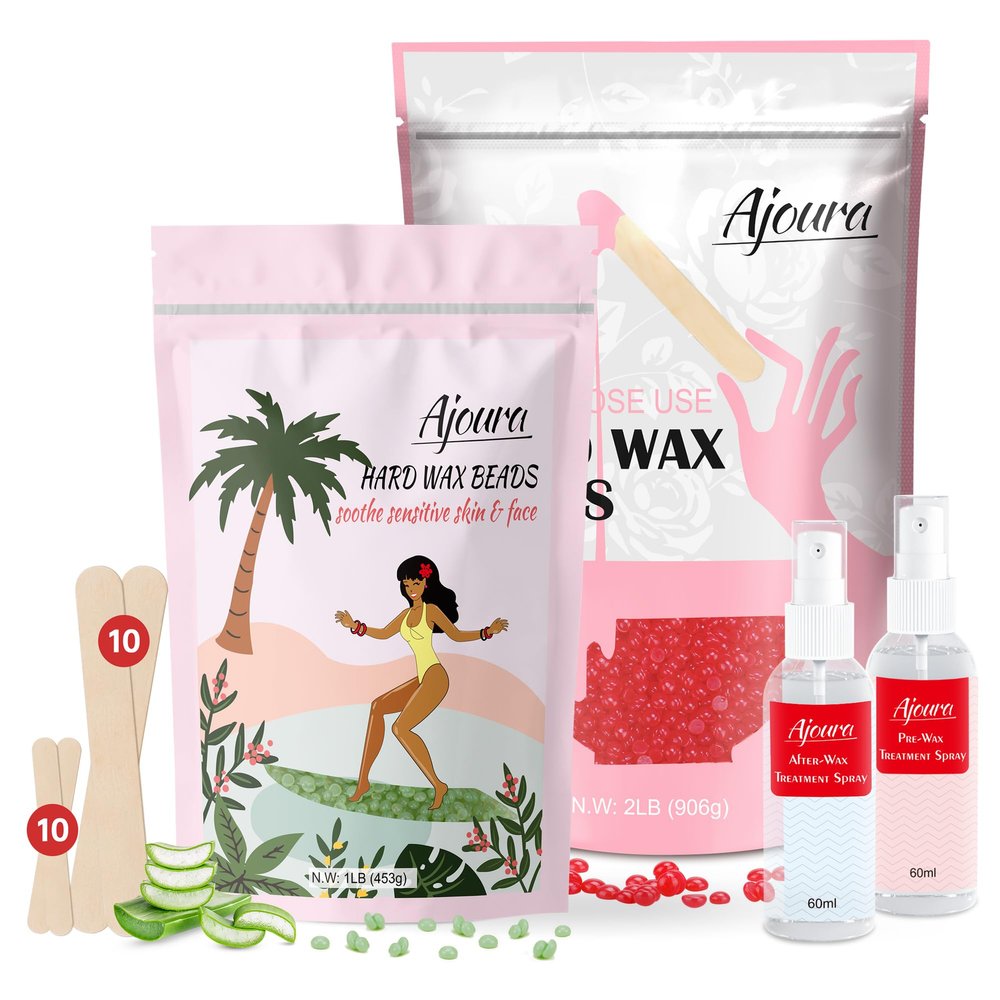 Ajoura 2 lb Rose Hard Wax Beads + 1 lb Aloe Hard Wax Beads for Hair Removal, All-purpose Wax Beans for Sensitive Skin, Large Area Coarse Hair Removal, Refill Bag for Brazilian Bikini, Face, Eyebrows