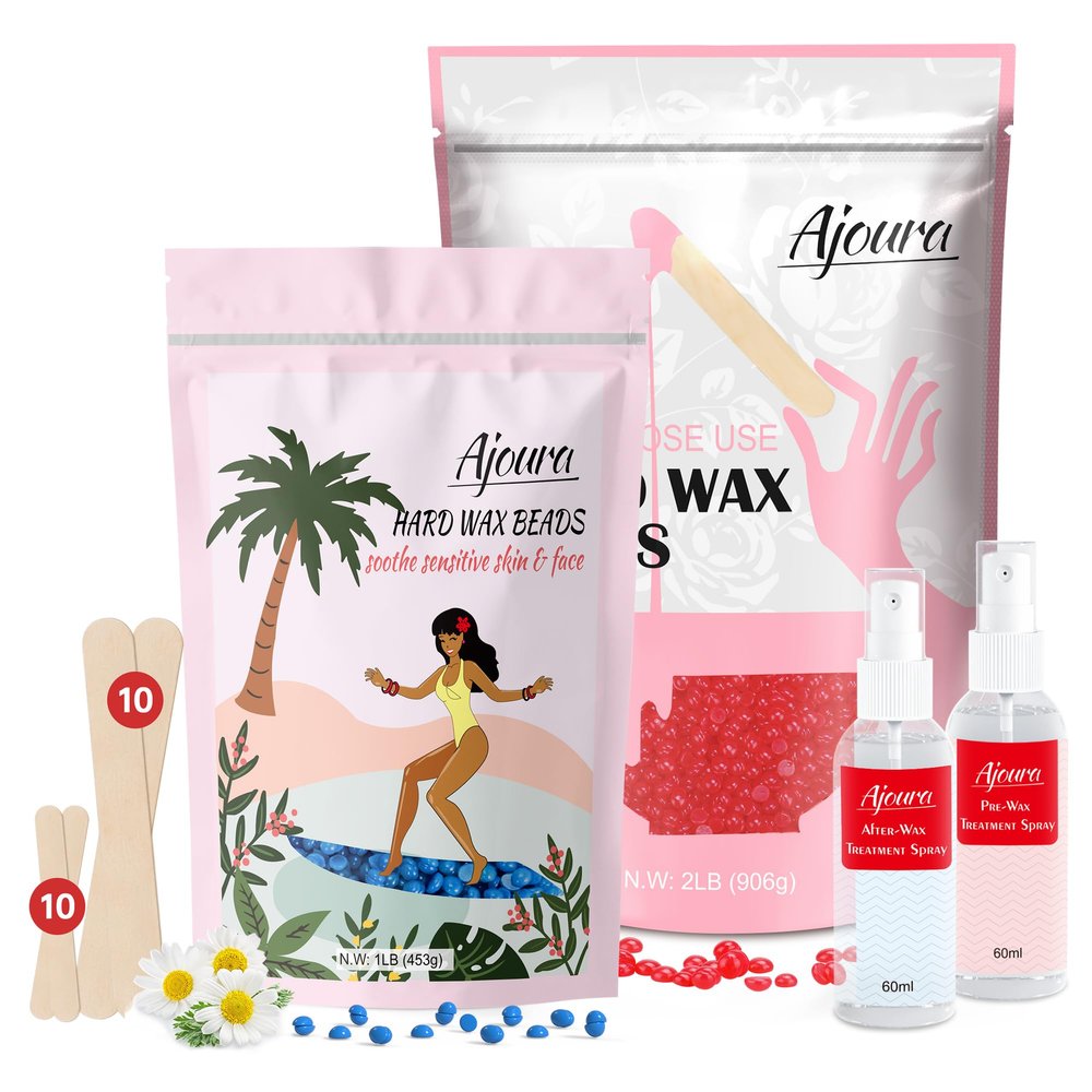 Ajoura 2 lb Rose Hard Wax Beads + 1 lb Chamomil Hard Wax Beads for Hair Removal, All-purpose Wax Beans for Sensitive Skin, Large Area Coarse Hair Removal, Refill Bag for Brazilian Bikini, Face