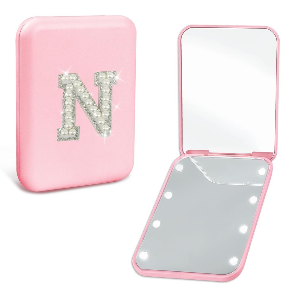 Aganmi Small Travel Makeup Mirror with Lights Pearl Initial 1X/2X Magnification LED Pocket Mirror Cute Pink Folding Compact Mirror Preppy Mom Sister Birthday Gifts Teen Girl Trendy Stuff (N)