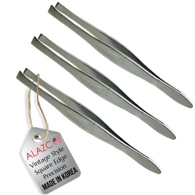 3 Vintage Style Square Tip Ribbed Professional Tweezers for Eyebrows Premium Precision for Facial Hair Splinter Ingrown Hair Removal Straight Tip Women men Made in Korea