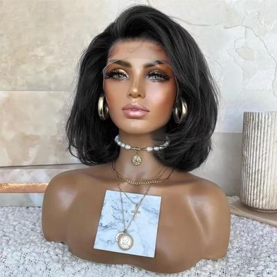 oulaer Pre Plucked Natural Black Short Bob Silky Straight Human Hair Wig 180% Density 13x4 HD Transparent Lace Front Wig with Baby Hair Straight Bob Brazilian Hair Bleached Knots 12inch