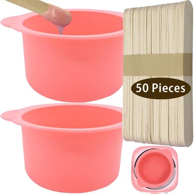 2-pack Silicone Wax Warmer Liner, Silicone Wax Bowl for Wax Warmer, Non-Stick Wax Melt Warmer Wax Pot Replacement, Reusable Wax Melt Liner with 50 Pcs Wax Spatula Sticks for Hair Removal pink