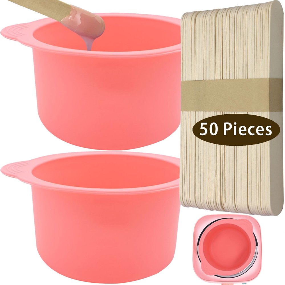 2-pack Silicone Wax Warmer Liner, Silicone Wax Bowl for Wax Warmer, Non-Stick Wax Melt Warmer Wax Pot Replacement, Reusable Wax Melt Liner with 50 Pcs Wax Spatula Sticks for Hair Removal pink