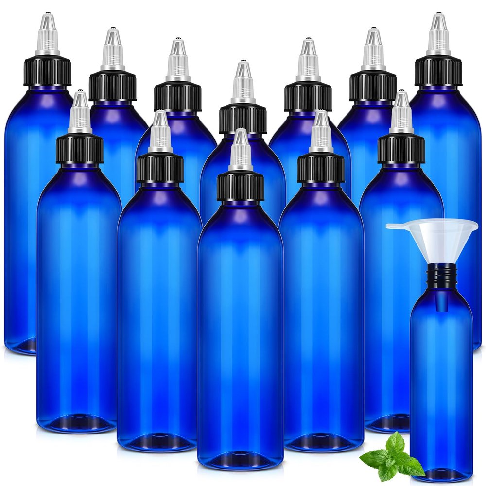 Barydat Squeeze Bottle Twist Top Applicator Empty Hair Oiling Bottle with Funnels Refillable Plastic Liquid Containers for Liquid Hair Oil Shampoo Lotion(8 oz,Blue,12 Pcs)