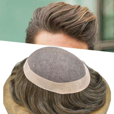 Toupee For Men Human Hair Replacement System Fine Mono Lace Durable Mens Toupee Natural Hairline Mens Hair Piece NPU Monofilament Wig Hair Unit 6"x9"-120% Medium Density#330#3 Dark Brown+30% Grey