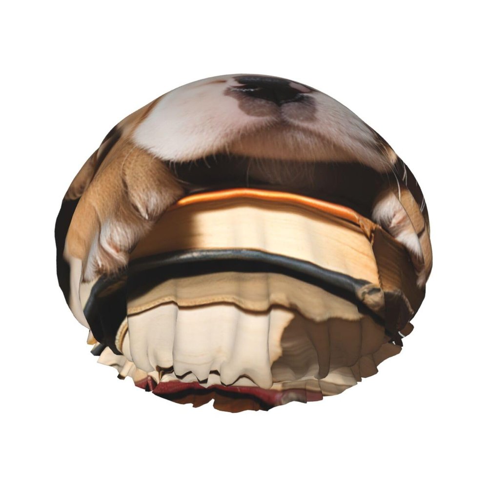Puppy Dog with Book Shower Cap Reusable Double Layered Bath Cap Waterproof Hair Cap with Elastic Band Bathing Hat Spa Salon Shower Hat for Women Men
