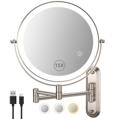 15x Wall Mounted Makeup Mirror, 8" Rechargeable Double-Sided Magnifying Mirror, 3 Color Lights for Makeup,365Swivel for Shaving - Nickel