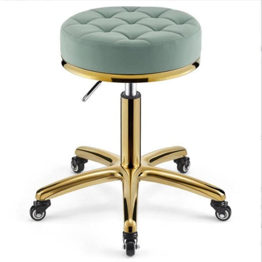 Hydraulic Rolling Salon Stool - Round Leather Cushion Beauty Chair with Gold Stainless Steel Base, 330 Lbs Load Capacity for Spa, Work Office, Massage, Nail, Tattoo - Lifting Wheel Included