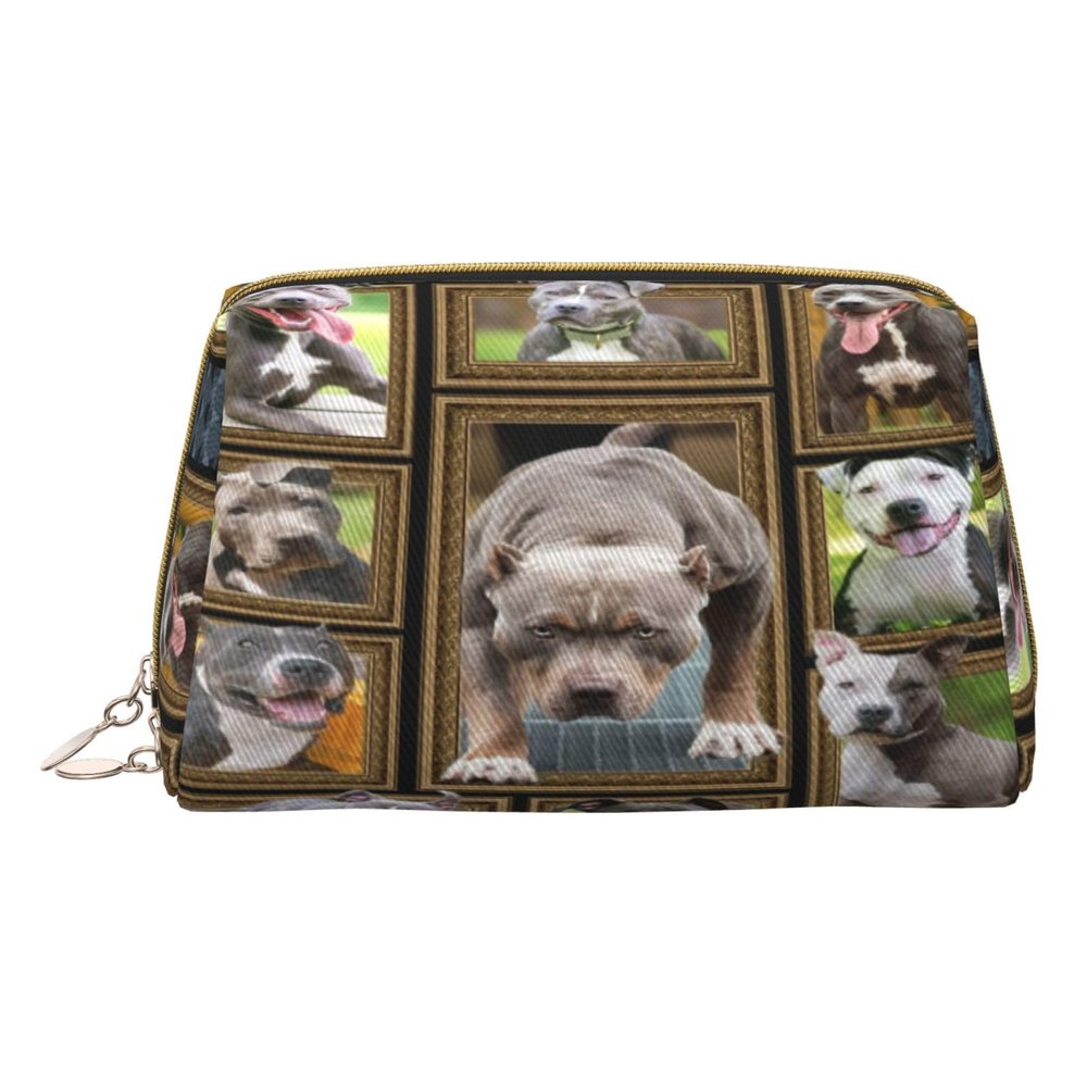 Xsovgoi Pit Bull Dog Leather Makeup Bag Organizer Travel Cosmetic Bag 6.7"X3"X4.3"