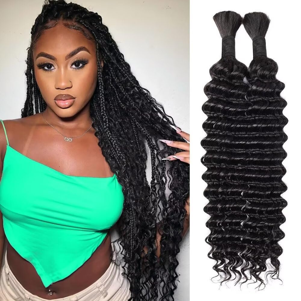 100g 16 Inch Human Braiding Hair Deep Wave Bulk Human Hair for Braiding 2 Bundles/Pack No Weft Human Deep Curly Braiding Hair for Boho Braids Brazilian Virgin Human Hair Extensions Natural Color