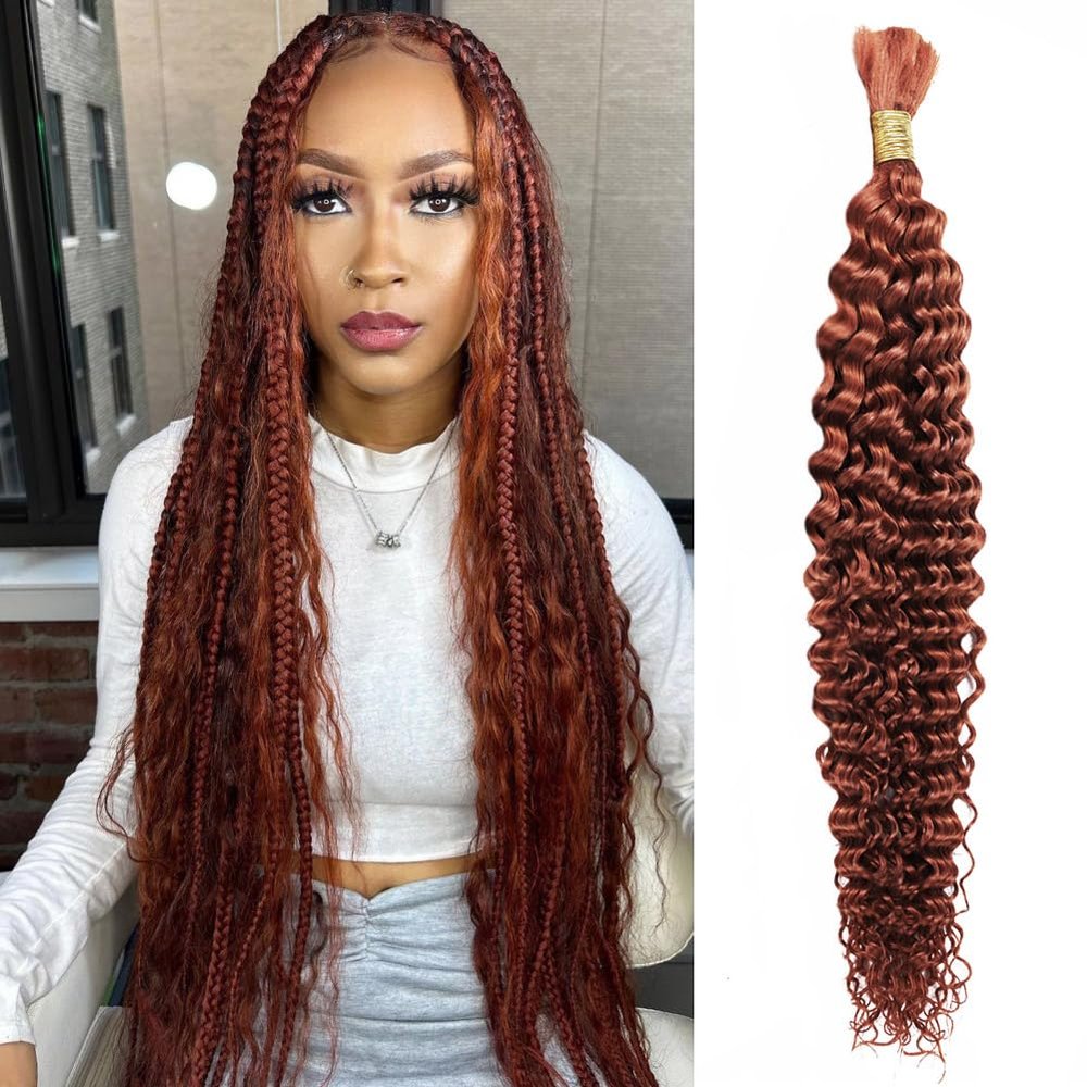 Deep Wave Bulk Human Braiding Hair 50g 26 Inch Color 350 Human Braiding Hair for Boho Braids 1 Bundle/Pack No Weft 100 Percent Brazilian Human Braiding Hair Extensions for Micro Braiding