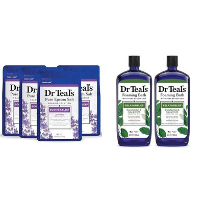 Dr Teal's Pure Epsom Salt Soothe & Sleep Lavender 3 lb (Pack of 4) & Foaming Bath Relax & Relief Eucalyptus Spearmint 34 fl oz (Pack of 2)