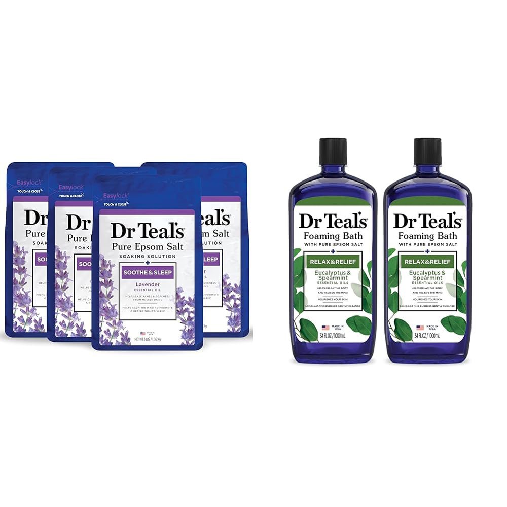 Dr Teal's Pure Epsom Salt Soothe & Sleep Lavender 3 lb (Pack of 4) & Foaming Bath Relax & Relief Eucalyptus Spearmint 34 fl oz (Pack of 2)