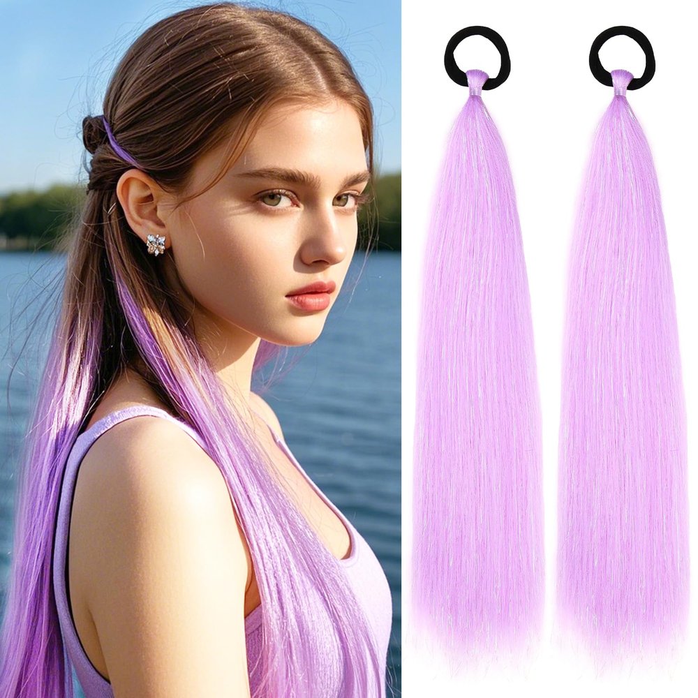 Ponytail Extension With Hair Tie, Colored Hair Extensions, Purple Ponytail Extension, Festival Hair Extensions, Crazy Hair Day, 2 Packs 24 inch