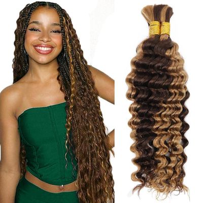 100g 26 Inch Human Braiding Hair Deep Wave Ombre Braiding Hair 2 Bundles/Pack Curly Bulk Human Hair for Braiding Wet and Wavy No Weft P4/27 Highlight Brown Human Braiding Hair for Boho Braids
