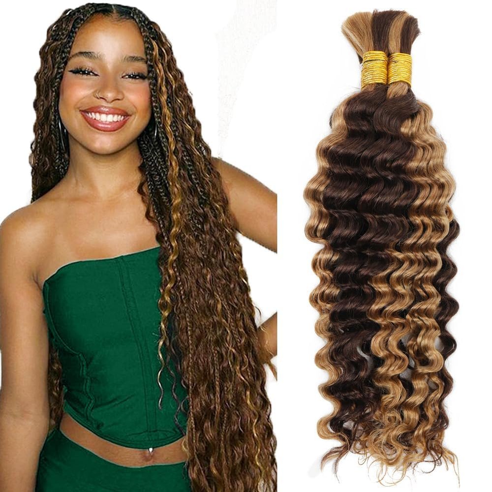 100g 26 Inch Human Braiding Hair Deep Wave Ombre Braiding Hair 2 Bundles/Pack Curly Bulk Human Hair for Braiding Wet and Wavy No Weft P4/27 Highlight Brown Human Braiding Hair for Boho Braids