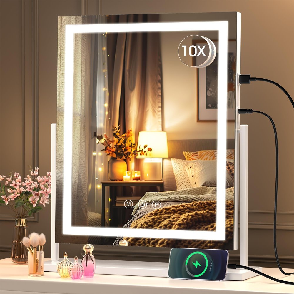 Hasipu Vanity Mirror with Lights, 16" x 20" LED Makeup Mirror, Light up Mirror with Smart Touch 3 Color Modes and Brightness Adjustment, 10X Magnifying Glass,360 Rotation