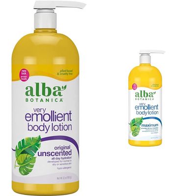 Alba Botanica Very Emollient Body Lotion, Unscented Original and Maximum Dry Skin Formula, 32 Oz Each