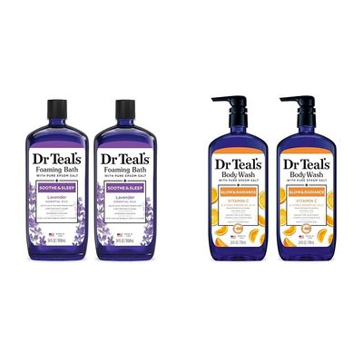 Dr Teal's Foaming Bath & Body Wash Bundle with Epsom Salt - Soothe & Sleep Lavender Bath 34 oz (Pack of 2) & Glow & Radiance Vitamin C Wash 24 oz (Pack of 2)