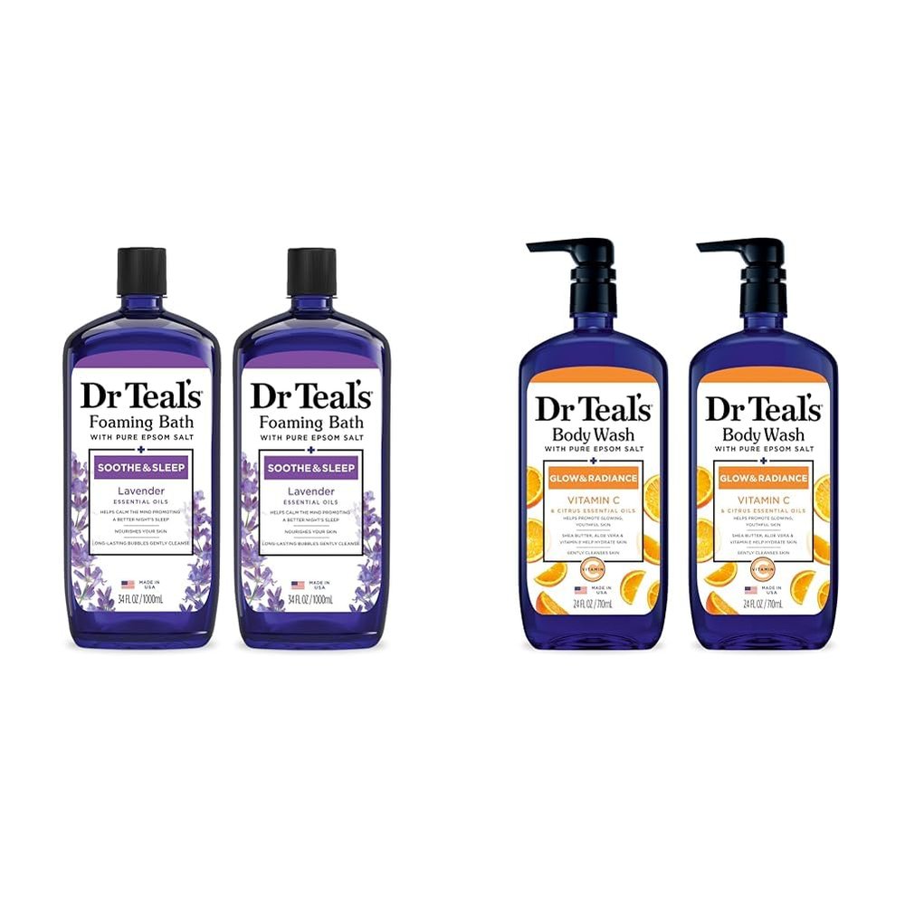 Dr Teal's Foaming Bath & Body Wash Bundle with Epsom Salt - Soothe & Sleep Lavender Bath 34 oz (Pack of 2) & Glow & Radiance Vitamin C Wash 24 oz (Pack of 2)