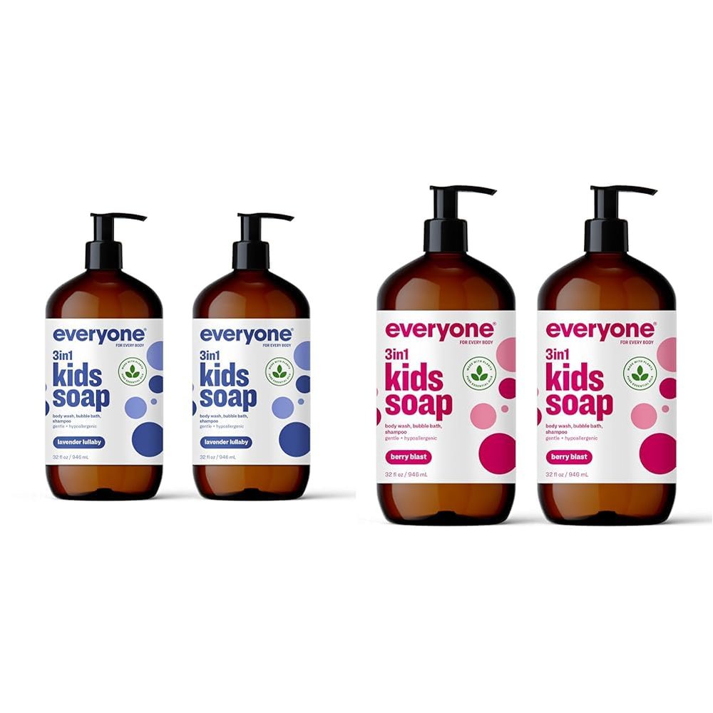 Everyone 3-in-1 Kids Soap Bundle with Lavender Lullaby and Berry Blast Scents, 32 Ounce (2 Pack) Coconut Cleanser Shampoo Body Wash Bubble Bath