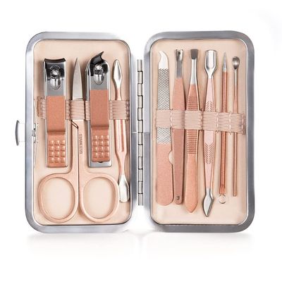 BIK Nail cutter Pedicure Scissors Set Stainless Steel Eagle Hook Portable Manicure Nail Clipper Tool Set Makeup (Color : 10pcs-pink)