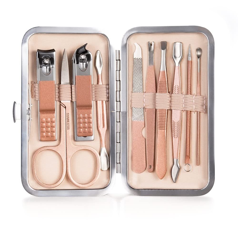 BIK Nail cutter Pedicure Scissors Set Stainless Steel Eagle Hook Portable Manicure Nail Clipper Tool Set Makeup (Color : 10pcs-pink)