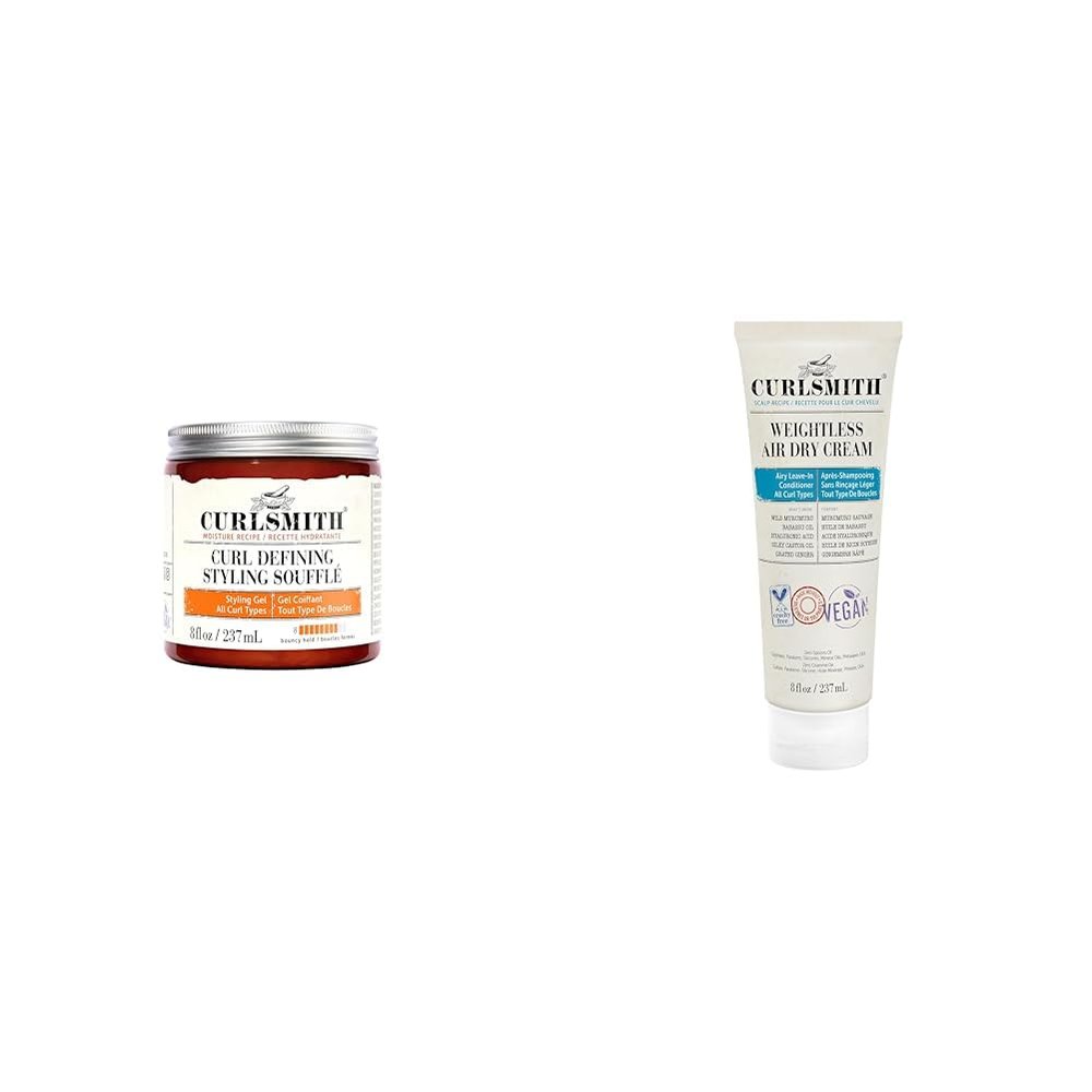 CURLSMITH Defining Styling Souffl and Weightless Air Dry Cream Bundle - Vegan Medium Hold Gel and Leave-In Conditioner for Curly Hair (8oz, 8fl oz)
