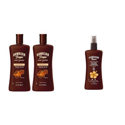 Hawaiian Tropic Dark Tanning Oil Twin Pack, 8oz & Island Tanning Oil Spray SPF 6, 8oz