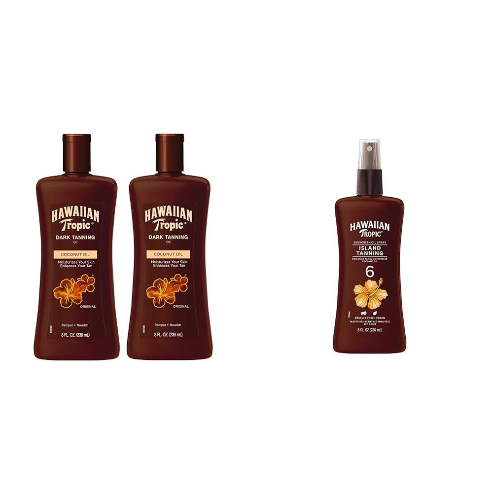 Hawaiian Tropic Dark Tanning Oil Twin Pack, 8oz & Island Tanning Oil Spray SPF 6, 8oz
