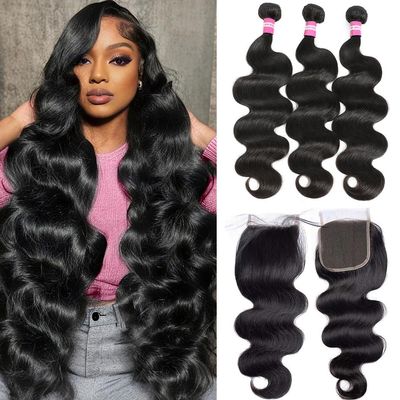 12A Body Wave Bundles With Closure Brazilian Human Hair 3 Bundles With Closure(20 22 24+20) Body Wave 100% Unprocessed Virgin Hair Bundles With 4x4 Lace Closure Free Part Natural Color