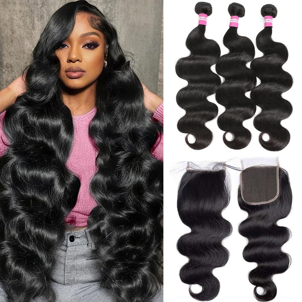 12A Body Wave Bundles With Closure Brazilian Human Hair 3 Bundles With Closure(20 22 24+20) Body Wave 100% Unprocessed Virgin Hair Bundles With 4x4 Lace Closure Free Part Natural Color