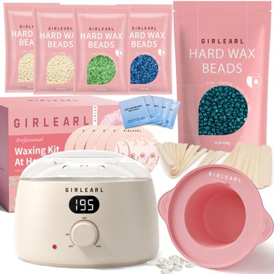 GIRLEARLE Premium Digital Waxing Kit + 1lb Jasmine Hard Wax Beads at Home, Multiple Formulas Target Different Types of Hair for Brazilian Bikini, Facial, Leg, Full body