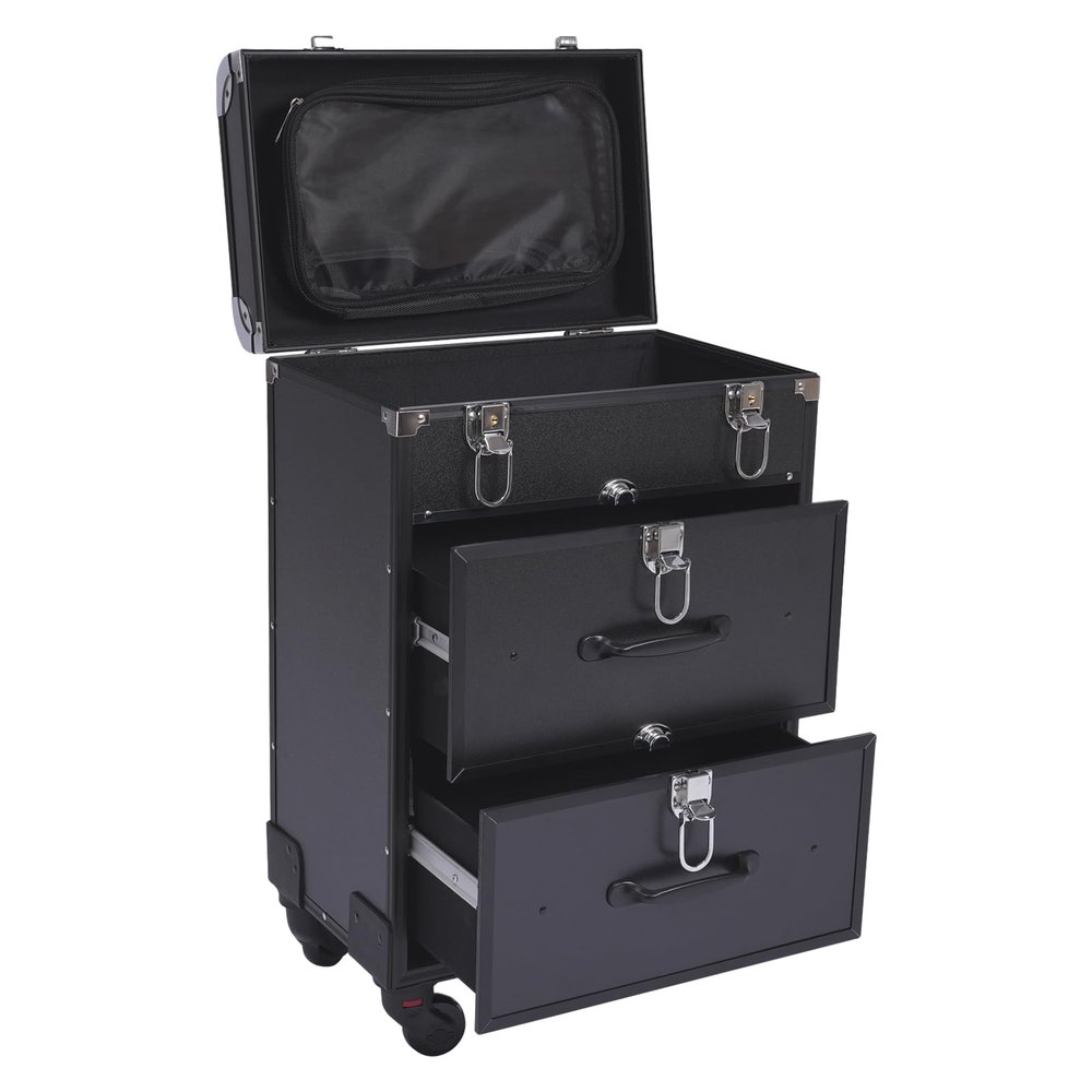 DilraTal Professional Rolling Makeup Case with Wheels, 3 Layers Cosmetic Case Rolling Makeup Case with Keys for Hairstylists Nail Tech, 14.2 * 9.1 * 22.8inch, Aluminum Alloy
