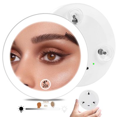 4" 20x Small Pocket Magnifying Mirror with Lights, 3.5" Inner Diameter 20 Times Stronger Magnification Mirror with Suction Cups, Portable 20X Zoom in Mirrors for Travel,Rechargeable & Dimmable Led
