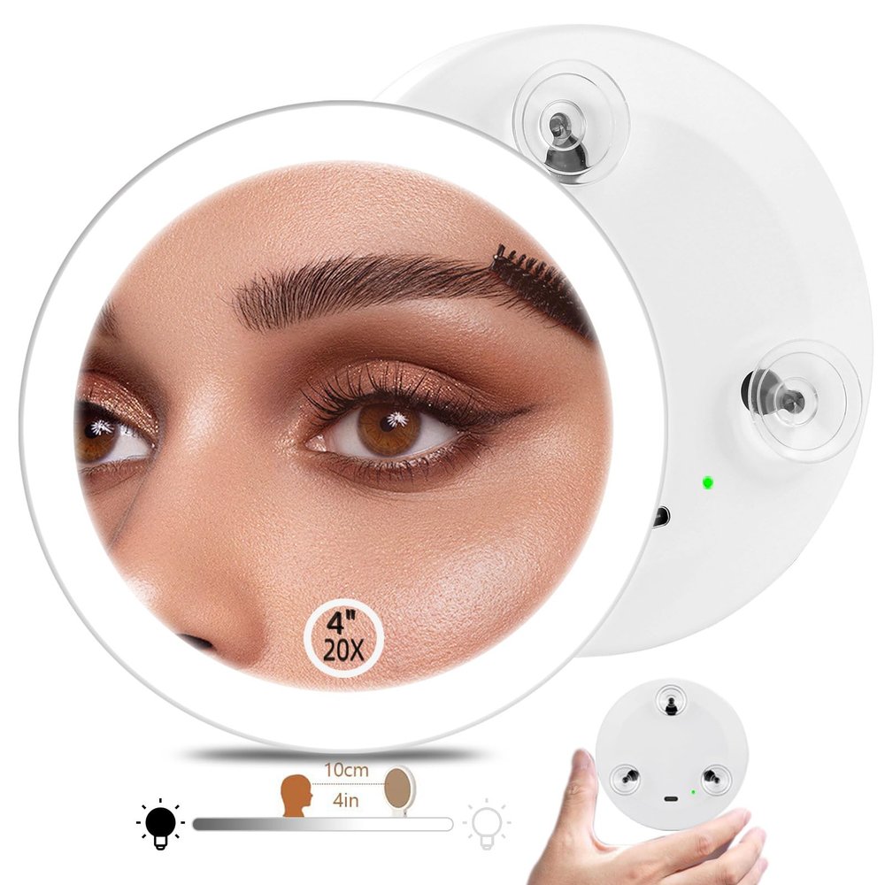 4" 20x Small Pocket Magnifying Mirror with Lights, 3.5" Inner Diameter 20 Times Stronger Magnification Mirror with Suction Cups, Portable 20X Zoom in Mirrors for Travel,Rechargeable & Dimmable Led