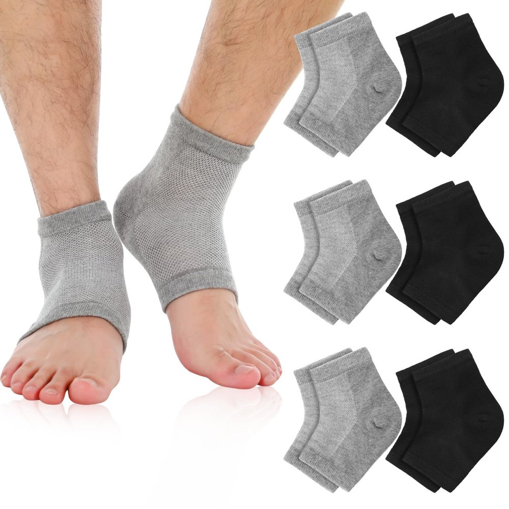 Funnysoft 6 Pairs Moisturizing Heel Socks for Men Toeless Gel Heel Sleeves for Cracked Heels Dry Feet Calluses Repair Cotton Sleep Socks, Gray and Black