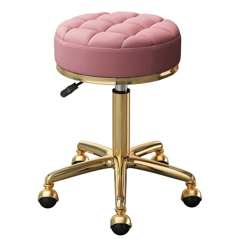 Rolling Stool Swivel Salon Beauty Chair Medical Care Round Leather Cushion Bar Stool for Spa Work Office Massage Manicure Tattoo, Gold Chrome Frame (Color : Pink)